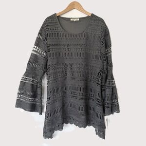 Indigo Soul Bell Sleeve Womens L Gray Crochet Lace Lined Tunic Dress Boho Hippie
